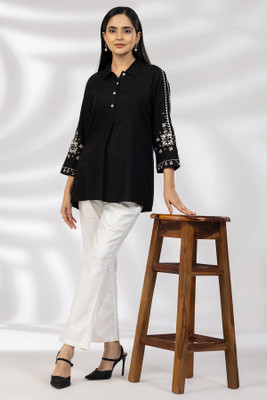 mustard Casual Embellished Women Black Top