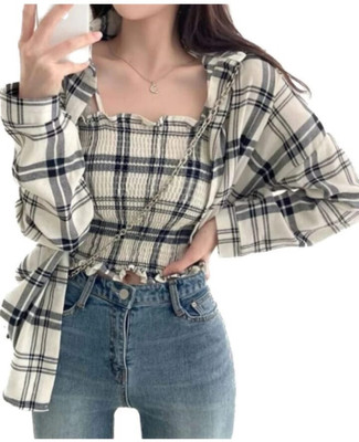 Ligament Casual Checkered Women White Top