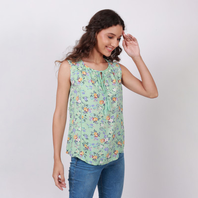 Modyne Fashions Casual Floral Print Women Light Green Top