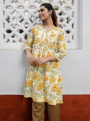 Janasya Casual Floral Print Women White, Yellow Top