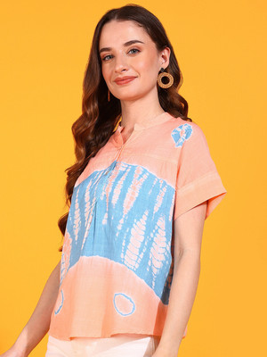 PinkTribe Casual Tie & Dye Women Orange, Grey Top