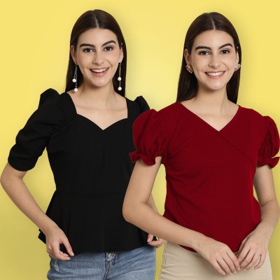 METRONAUT Casual Solid Women Black, Red Top