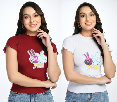GLADLY Casual Printed Women Maroon, White Top
