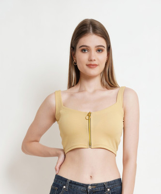 POPWINGS Casual Solid Women Beige Top