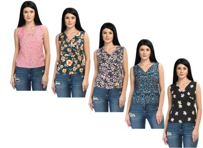 IndiWeaves Casual Floral Print Women Light Blue, Pink, Black Top