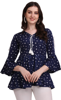 ZELZIS Casual Printed Women Blue, White Top