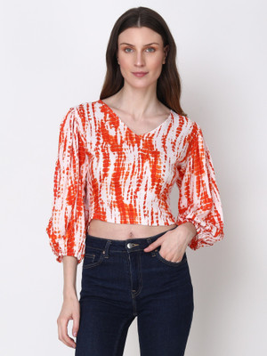FEYRE Casual Tie & Dye Women Orange Top