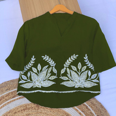 HIR COUTURE Casual Embroidered Women Green, White Top