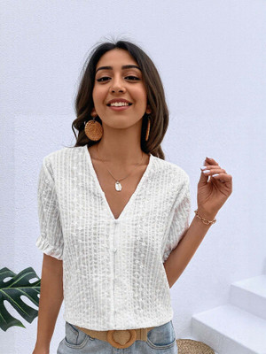 OUTZIDR Casual Self Design Women White Top
