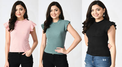 GLADLY Casual Self Design Women Black, Dark Green, Pink Top