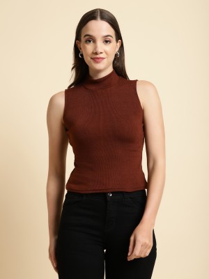 UnaOne Casual Solid Women Brown Top