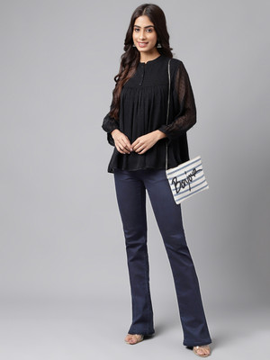 Janasya Casual Solid Women Black Top