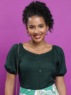 Tokyo Talkies Casual Solid Women Green Top