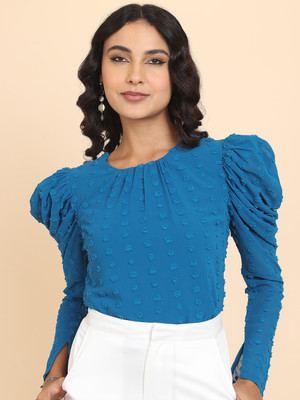 Tokyo Talkies Casual Solid Women Light Blue Top