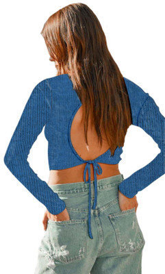 THE BLAZZE Casual Self Design Women Light Blue Top