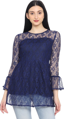 ROARERS Casual Self Design Women Dark Blue Top