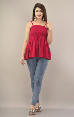 IQRAAR Casual Sleeveless Solid Women Pink Top