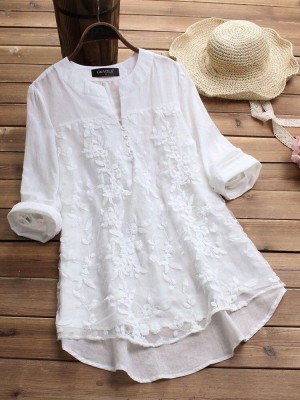 WINZINGWONDER Casual Embroidered Women White Top