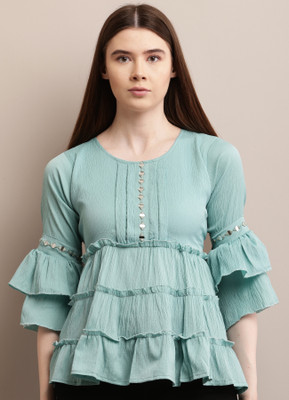 I.K.FASHION Casual Embossed Women Green Top