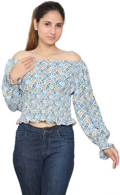 Divinelove Casual Floral Print Women Light Blue, Blue, Yellow Top