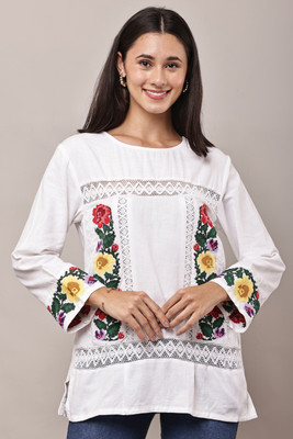 Mallory Winston Casual Embroidered Women White Top