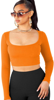 THEBLAZZEE Casual Self Design Women Orange Top