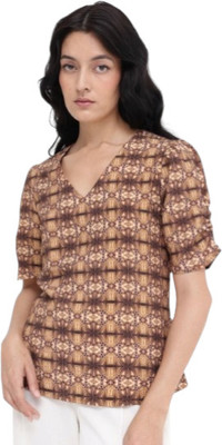 KALLAXI Casual Self Design Women Brown Top