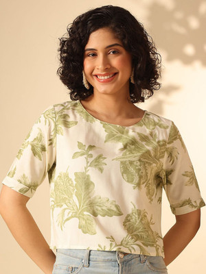 ANOUK Casual Floral Print Women White, Green Top