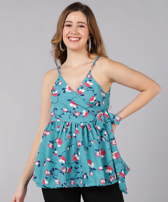 eyka Casual Floral Print Women Blue Top