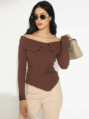 SHOWOFFFF Casual Self Design Women Brown Top