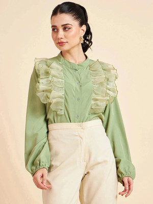 Fabway Clothing Casual Self Design Women Light Green Top