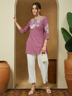 Janasya Casual Embroidered Women Purple Top