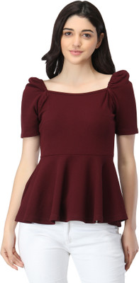 ZUVINO Casual Short Sleeve Solid Women Maroon Top
