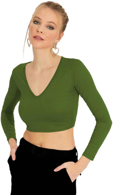 THE BLAZZE Casual Solid Women Dark Green Top