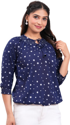 Pittra4ever Casual Printed Women Dark Blue Top
