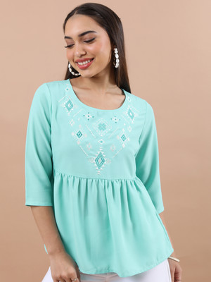 Vishudh Casual Embroidered Women Light Blue Top