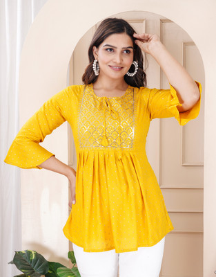 Govindam Casual Printed Women Yellow Top