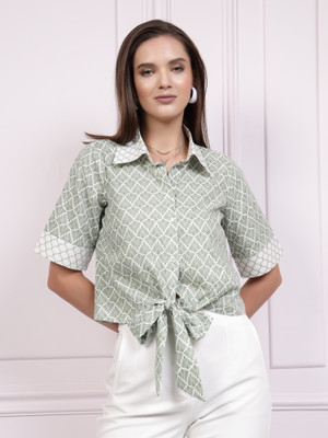ATHENA Casual Striped Women Light Green, White Top