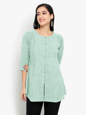 Indietoga Plus Size Casual Self Design Women Green Top