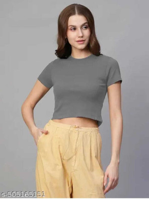 SHARKS CLUB Casual Solid Women Grey, Beige Top