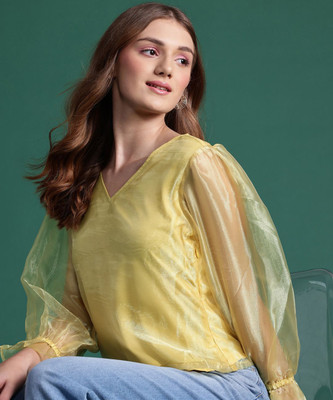 Dressberry Party Solid Women Yellow Top