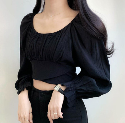 MOJOO Casual Solid Women Dark Blue Top