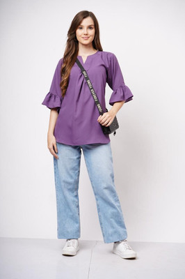 ANBA Casual Solid Women Purple Top
