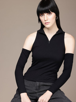 Roadster Casual Solid Women Black Top