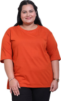 CANIDAE Solid Women Round Neck Orange T-Shirt