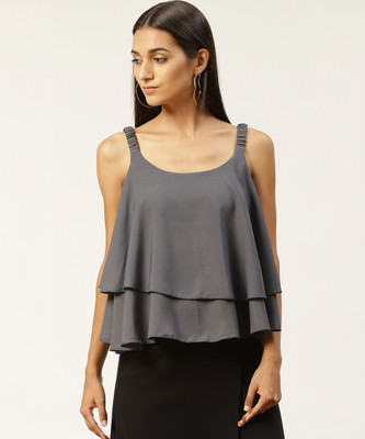 VYMO Casual Solid Women Grey Top
