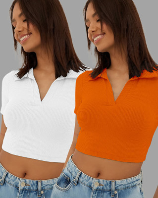 ENITOR Casual Solid Women White, Orange Top