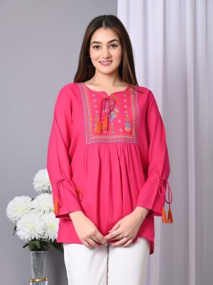 IQRAAR Casual Embroidered Women Pink Top