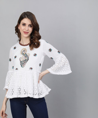 Ishin Casual 3/4 Sleeve Embroidered Women White Top