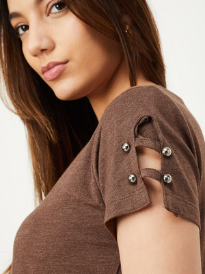 MAX Casual Solid Women Brown Top